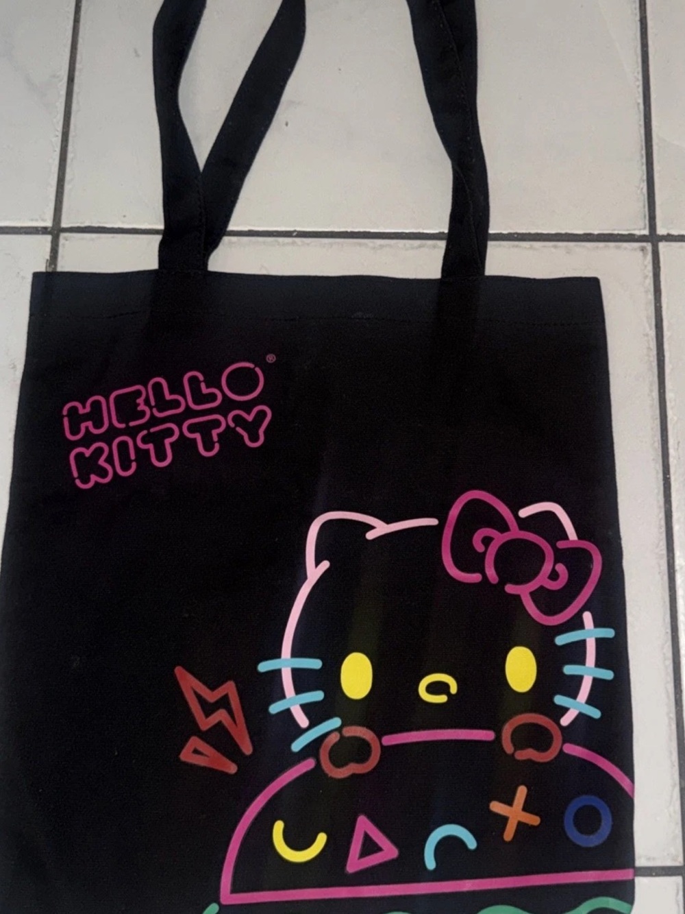 Hello Kitty Black Tote with Neon Pink & Multicolor Graphic